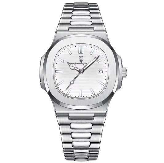 Business Fashion Square Dial Quartz Watch, Stainless Steel Strap Luminous Analog Watch with Date & Week Display Function.